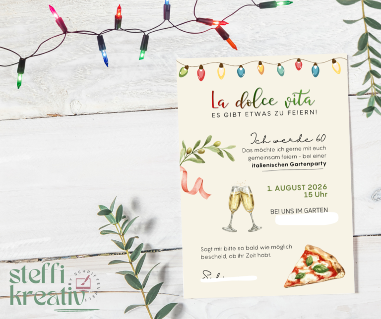 Einladung im italienischem Flair, Geburtstagsfeier, runder Geburtstag, Italien, Italiendesign, Pizza, Gartenparty